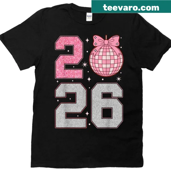 Happy New Year 2026 T-shirt with disco ball and bow design