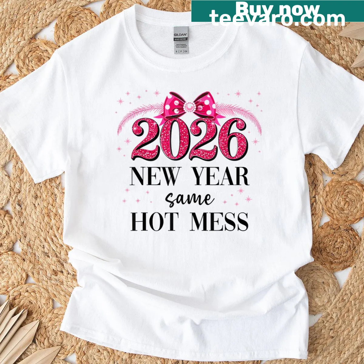 Funny New Year t-shirt with text and pink bow graphic — on a men's t-shirt