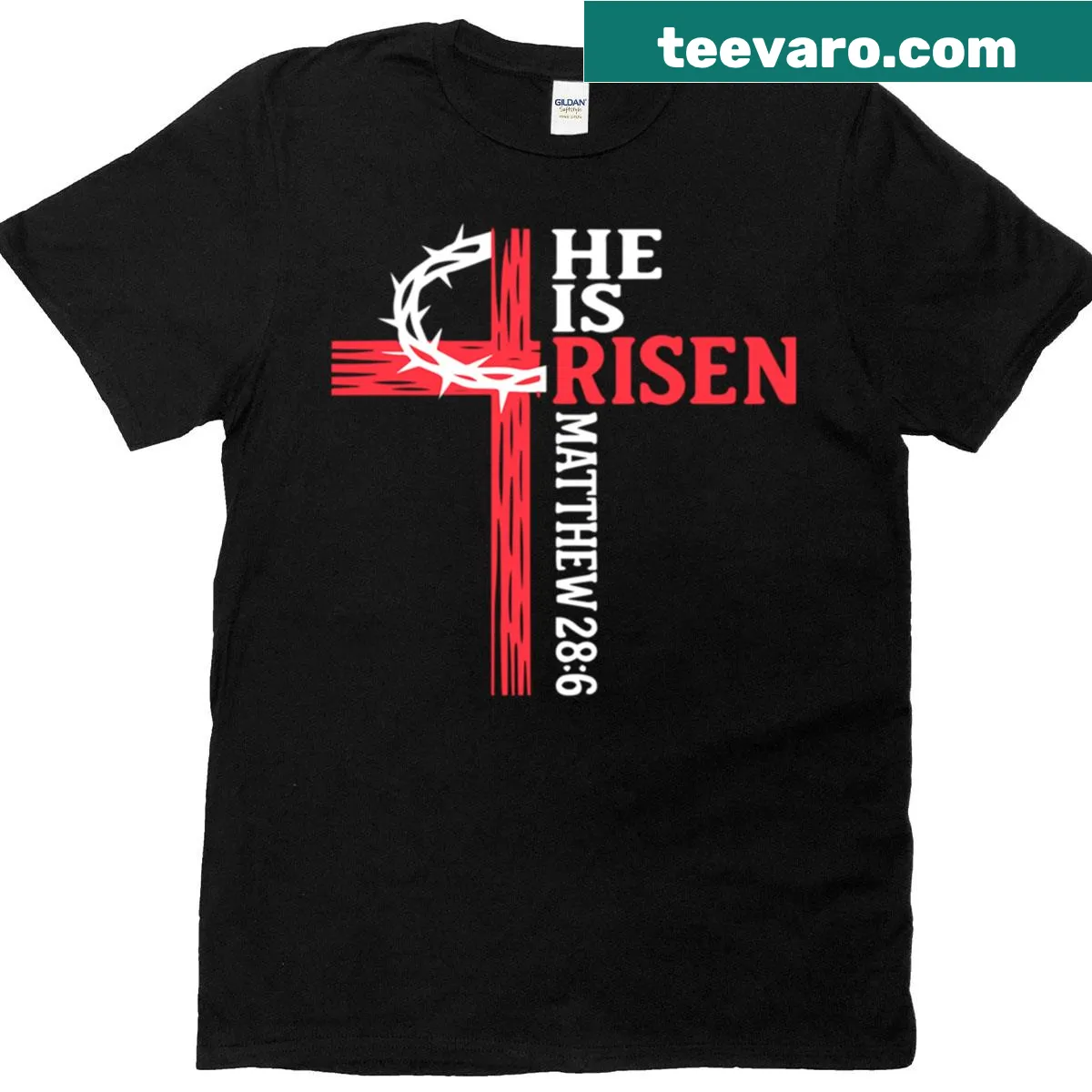 Faith-themed t-shirt with 'He Is Risen' text — on a men's t-shirt