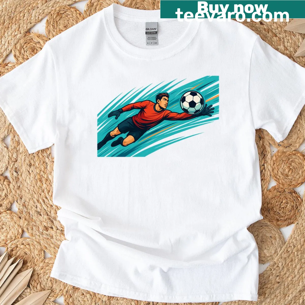 Illustration of a goalkeeper making an epic save on a t-shirt — on a men's t-shirt