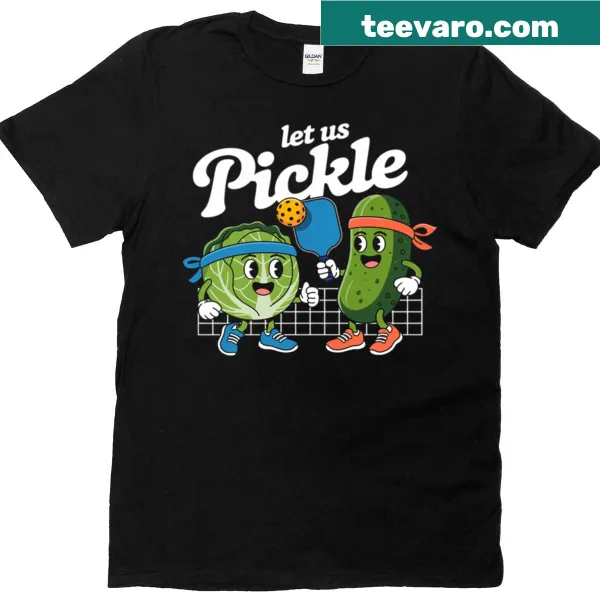 Comical pickleball T-shirt featuring quirky lettuce pickle players