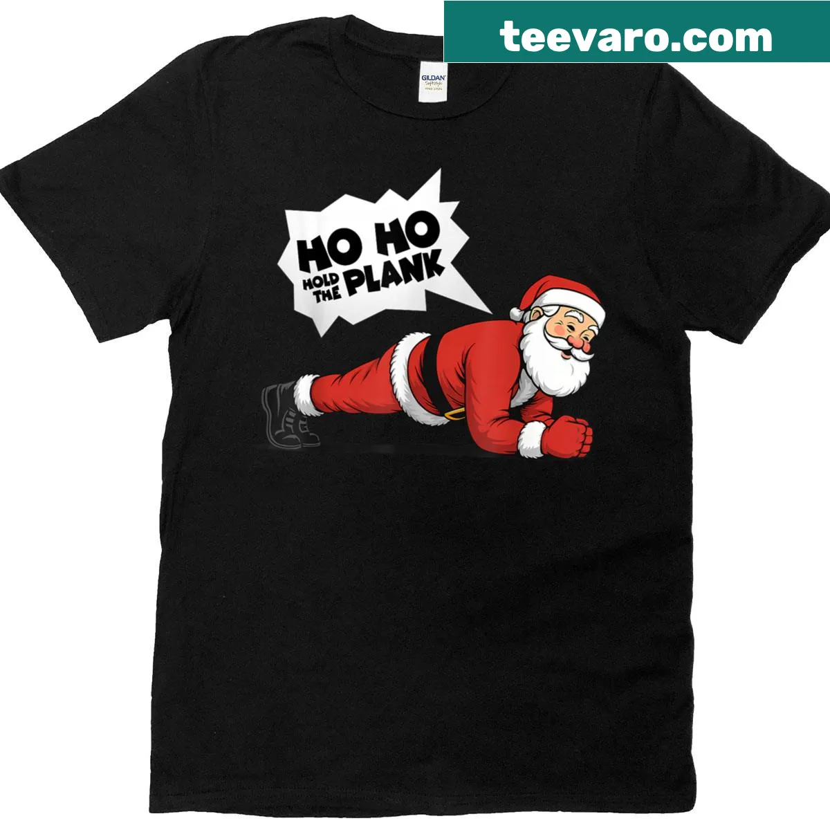 Funny Christmas workout shirt with 'Ho Ho Hold The Plank' text — on a men's t-shirt