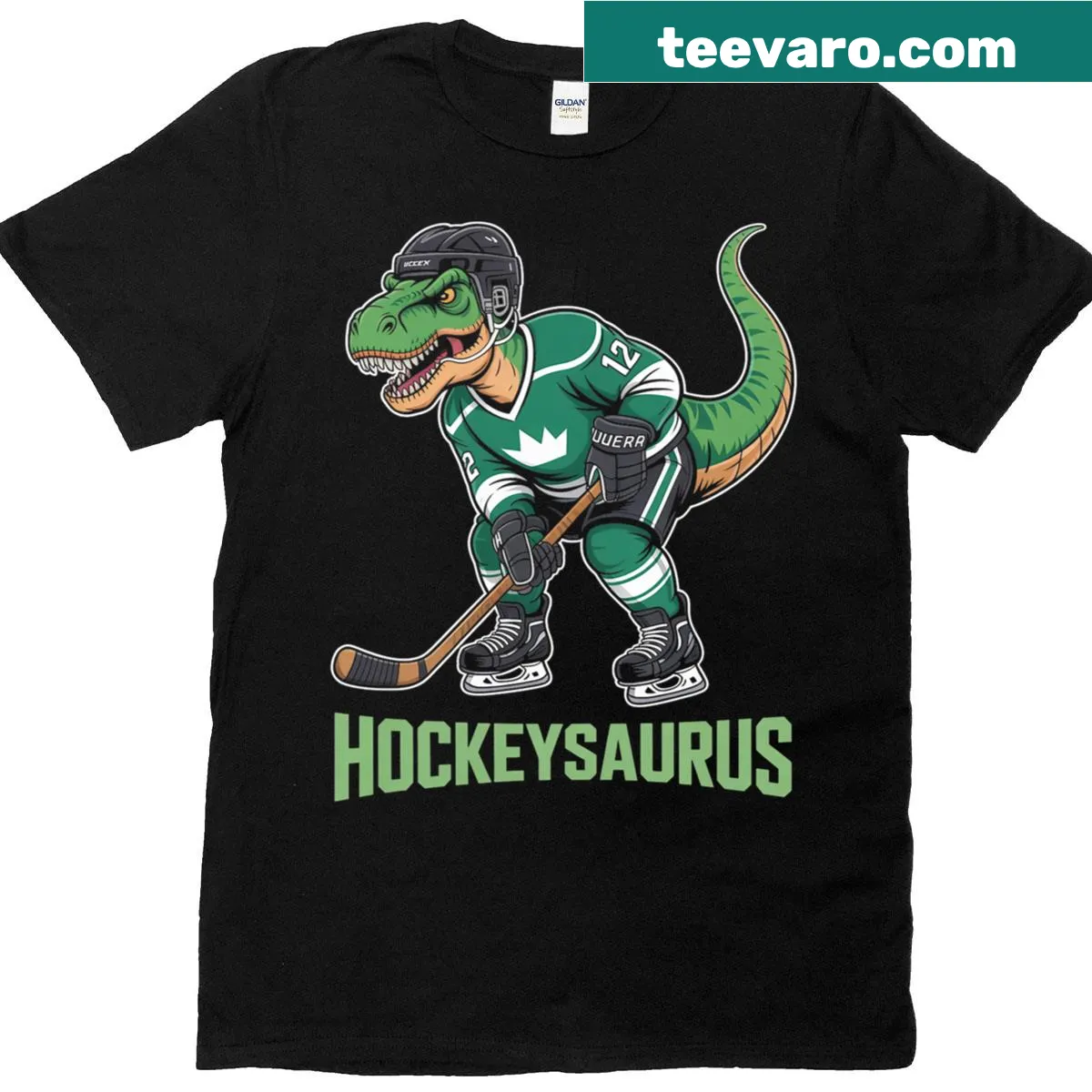 Cartoon dinosaur in hockey gear with stick and puck on T-shirt — on a men's t-shirt