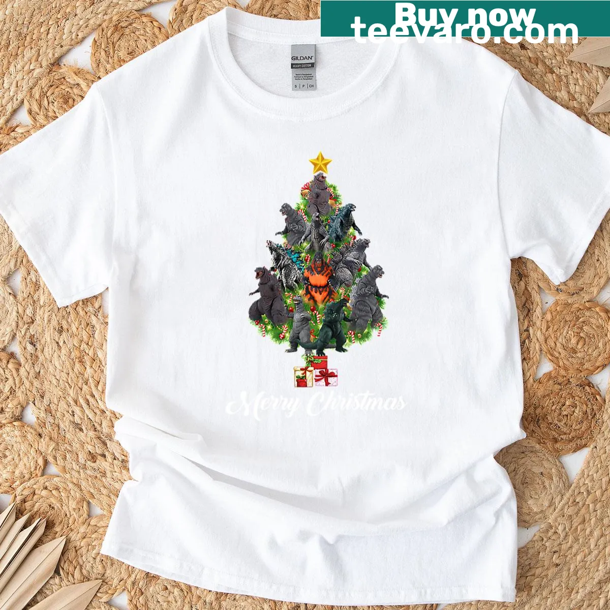 T-shirt featuring a funny 'Godzilla Christmas' design. — on a men's t-shirt