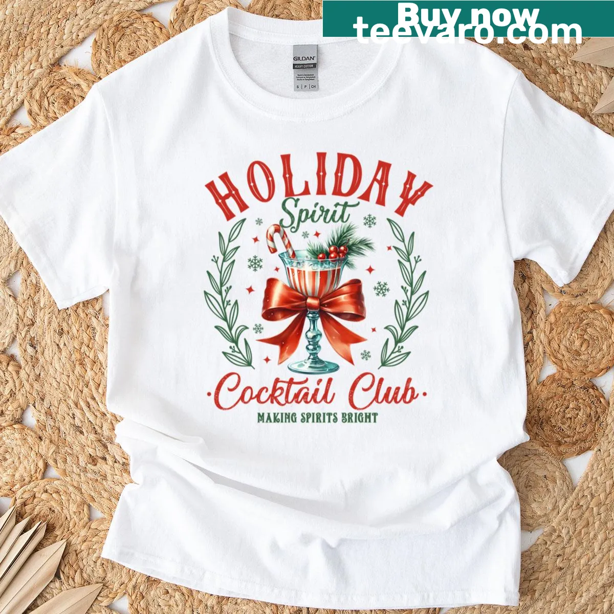 T-shirt featuring an illustration of Christmas cocktails with peppermint stripes — on a men's t-shirt