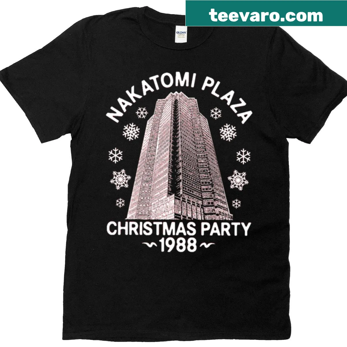 Die Hard Nakatomi Plaza Christmas Party themed T-shirt — on a men's t-shirt