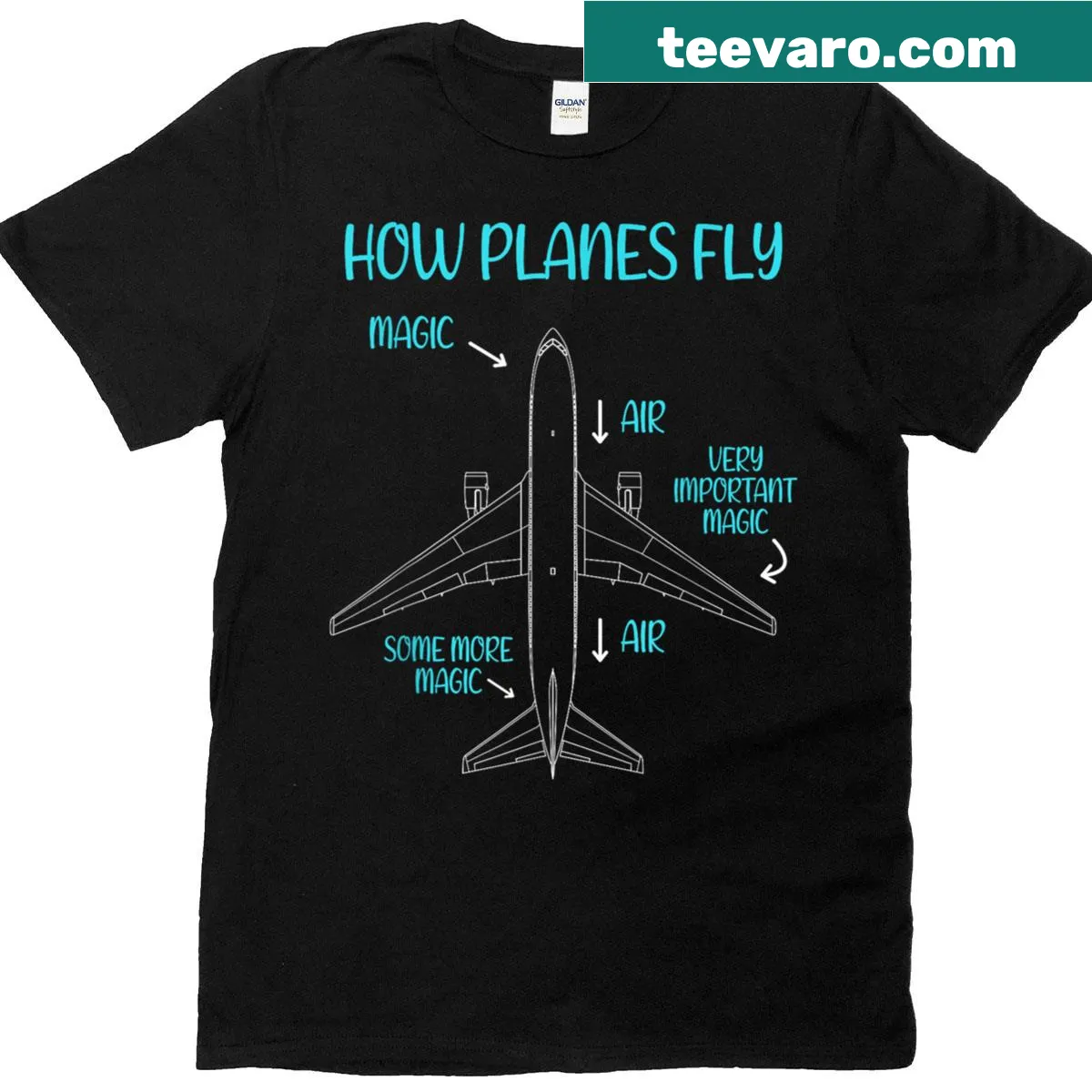 Educational T-shirt showing a diagram of how planes fly — on a men's t-shirt