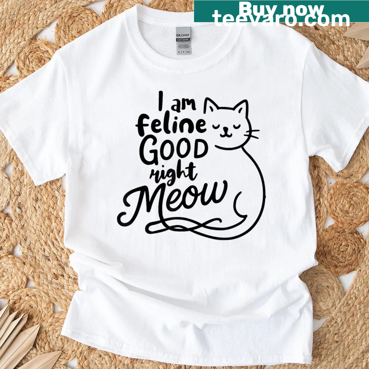 Humorous cat-themed T-shirt with the phrase 'I Am Feline Good Right Meow' — on a men's t-shirt