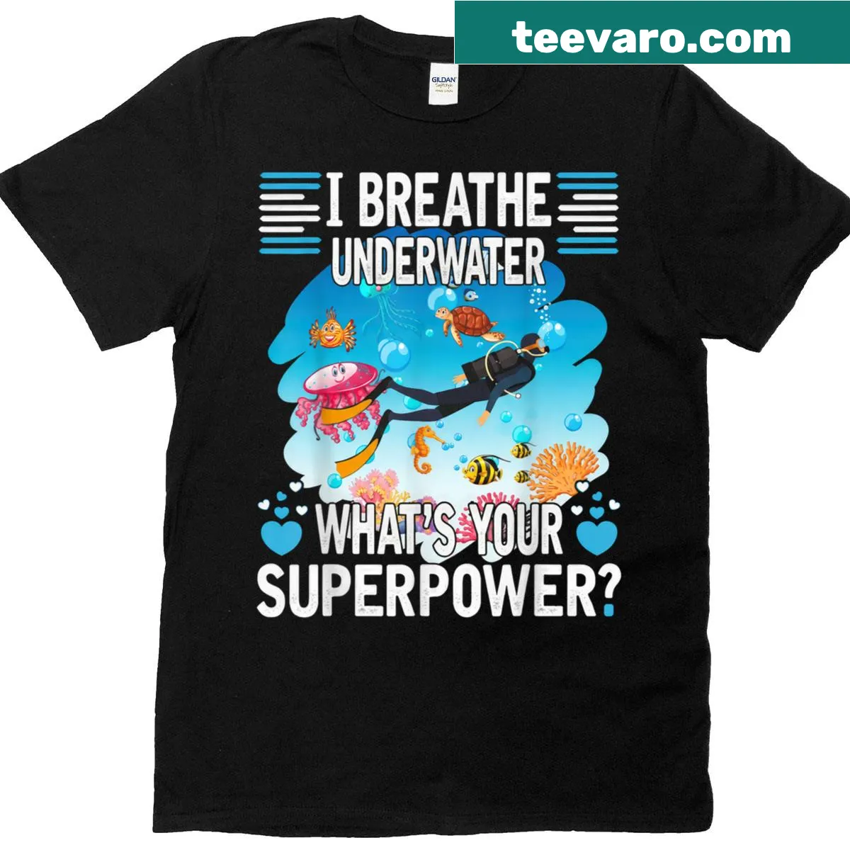 Playful scuba diving superpower graphic on T-shirt — on a men's t-shirt