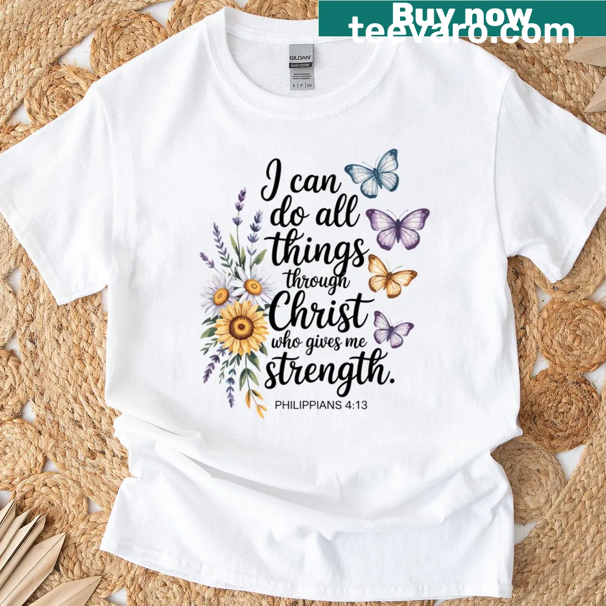 Typography T-shirt featuring Philippians 4:13 inspirational quote — on a men's t-shirt