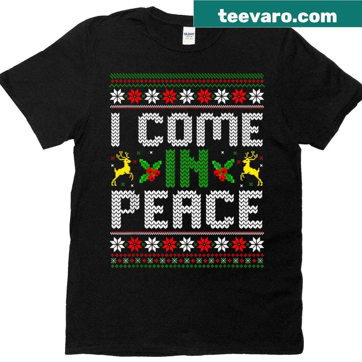 Matching couple t-shirts with 'I Come In Peace' lettering — on a men's t-shirt