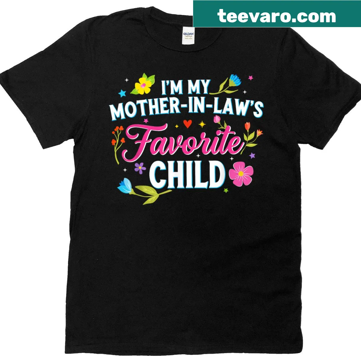 Text T-shirt declaring favorite child status for mother-in-law — on a men's t-shirt