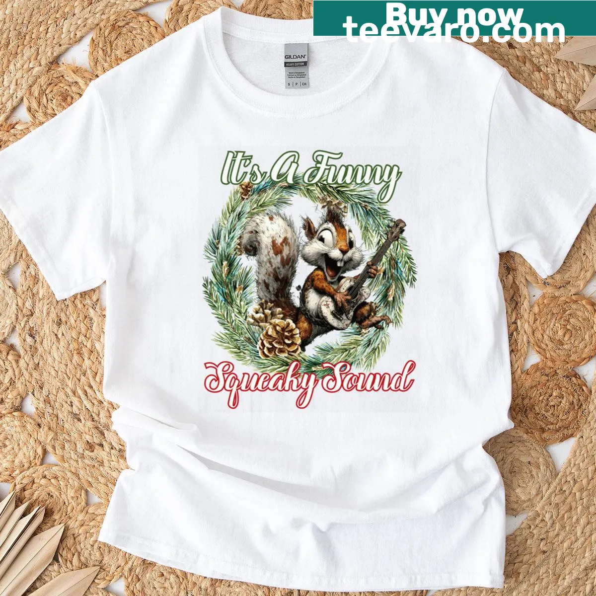 Cartoon t-shirt of a funny Christmas squirrel making a squeaky sound — on a men's t-shirt
