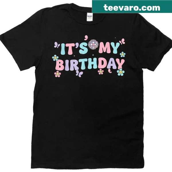 Birthday T-shirt with disco ball and butterflies illustration