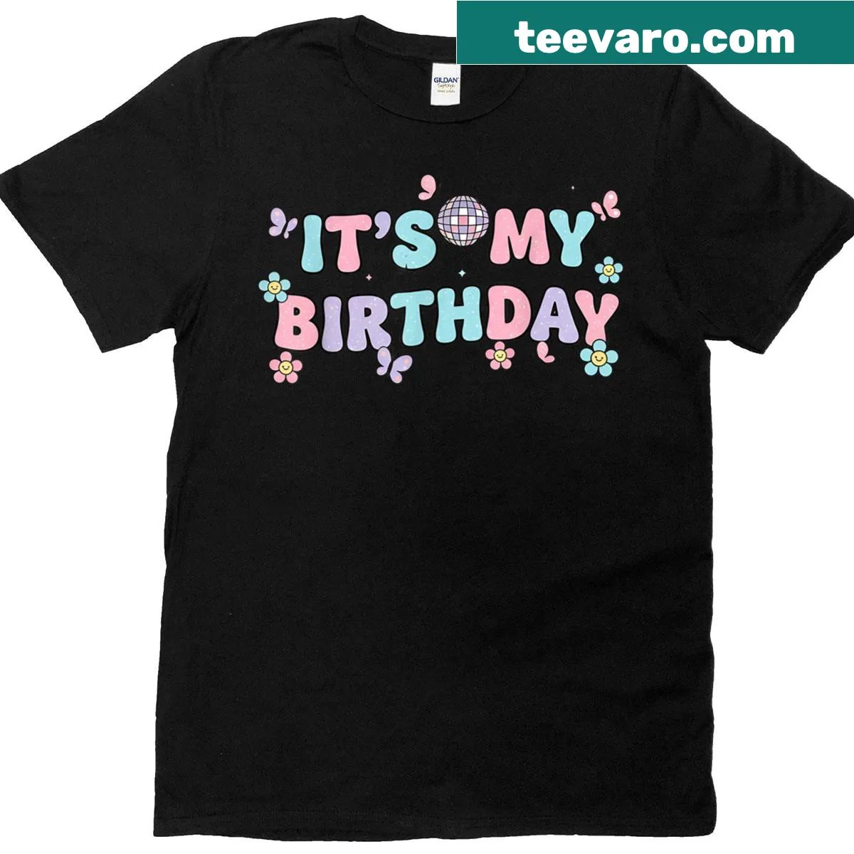 Birthday T-shirt with disco ball and butterflies illustration — on a men's t-shirt