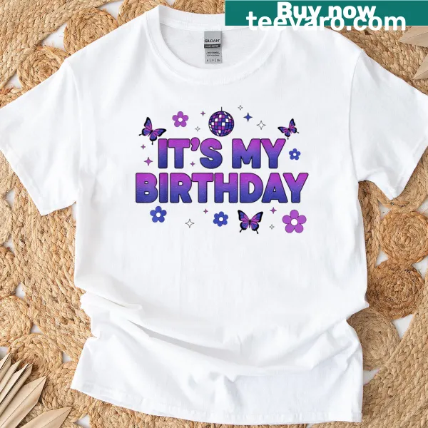 Birthday t-shirt featuring playful disco butterfly design
