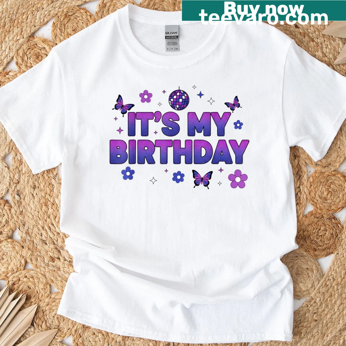 Birthday t-shirt featuring playful disco butterfly design — on a men's t-shirt
