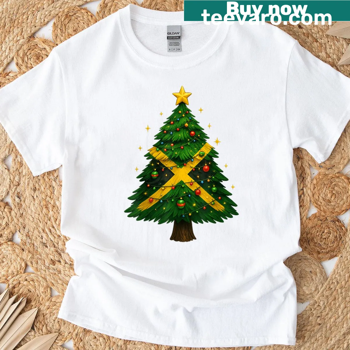 Whimsical T-shirt with a Jamaican Christmas tree illustration — on a men's t-shirt
