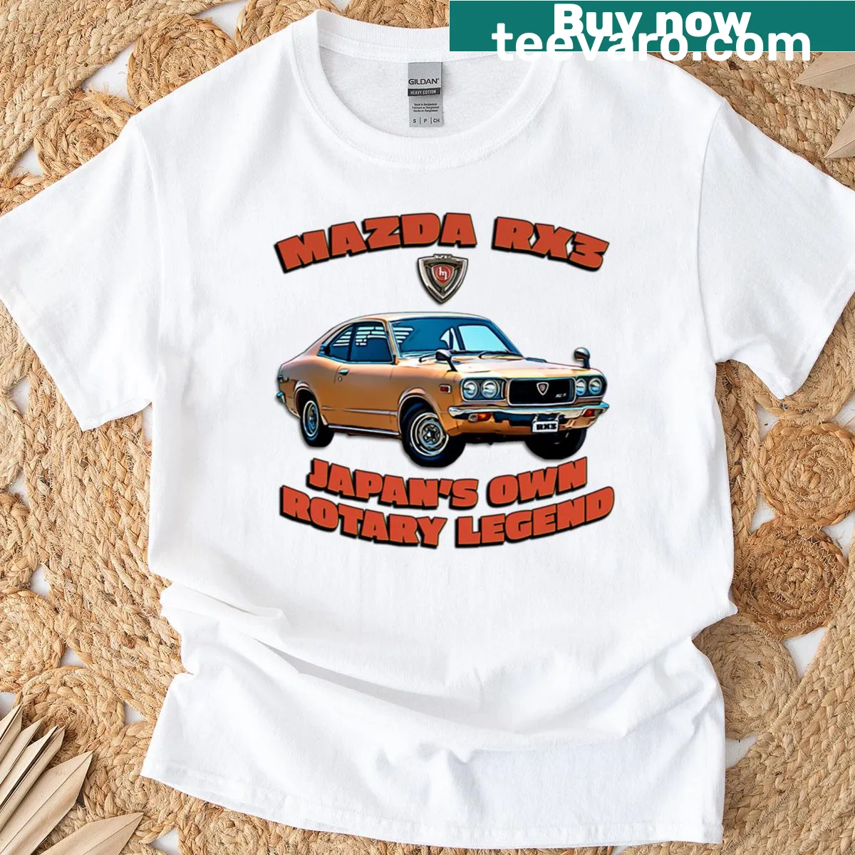 Cartoon art t-shirt featuring the Mazda RX3 rotary legend — on a men's t-shirt
