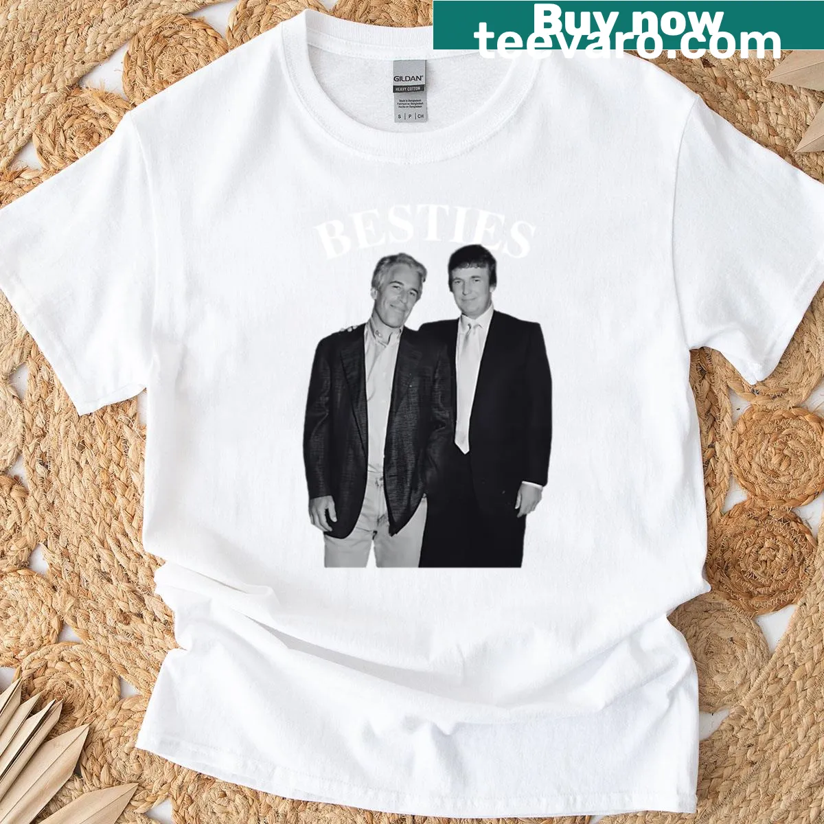Graphic tee with text Jeffrey Epstein and Donald Trump Besties — on a men's t-shirt