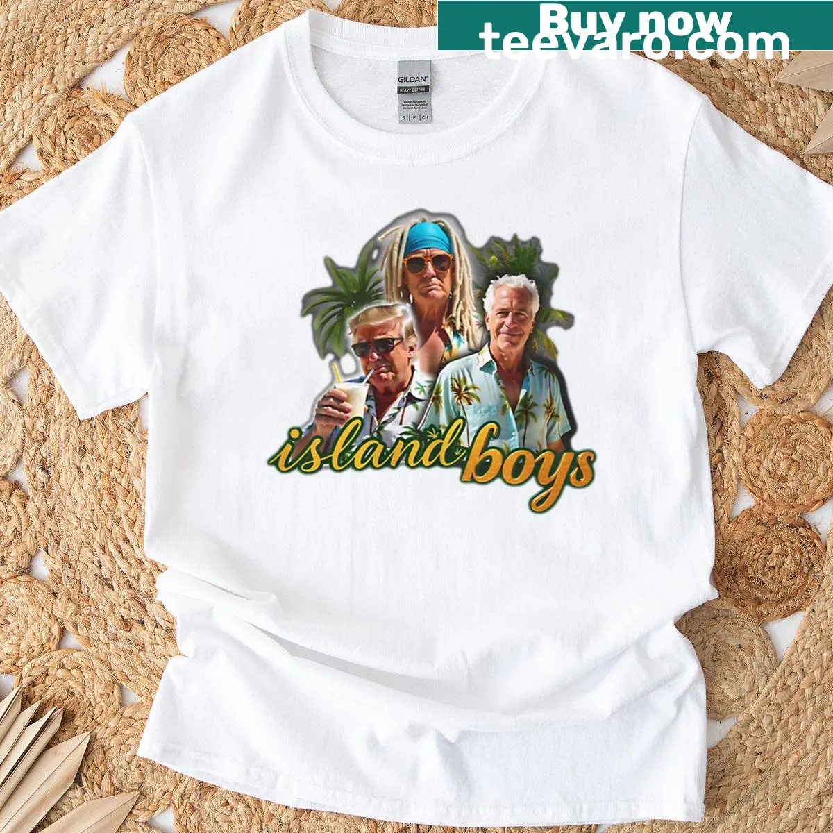 Illustrative t-shirt featuring cartoon characters inspired by the Island Boys. — on a men's t-shirt