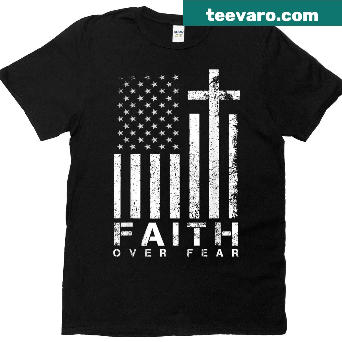 Inspirational Jesus-themed t-shirt with cross and US flag design — on a men's t-shirt