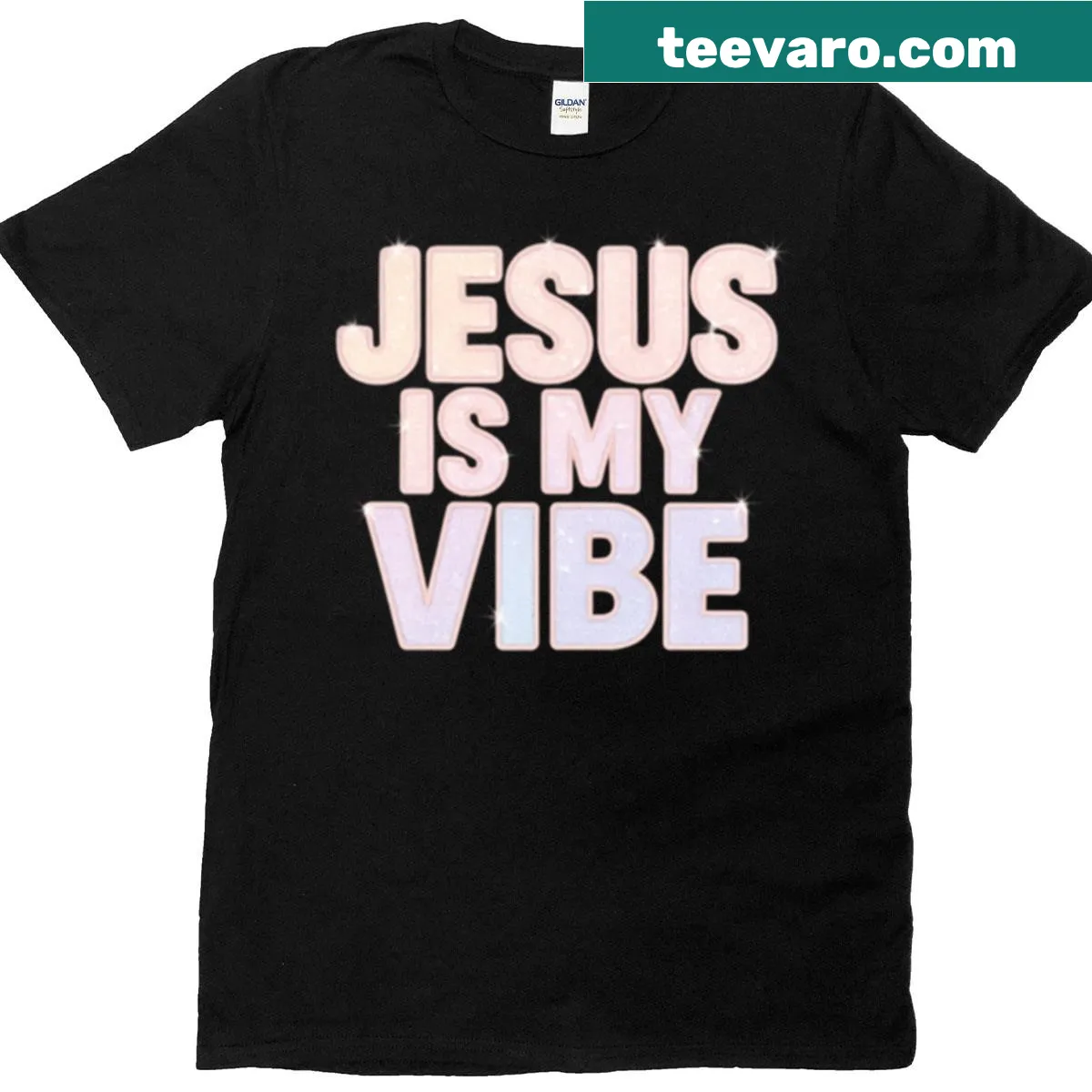 T-shirt featuring a glittery design of Jesus — on a men's t-shirt