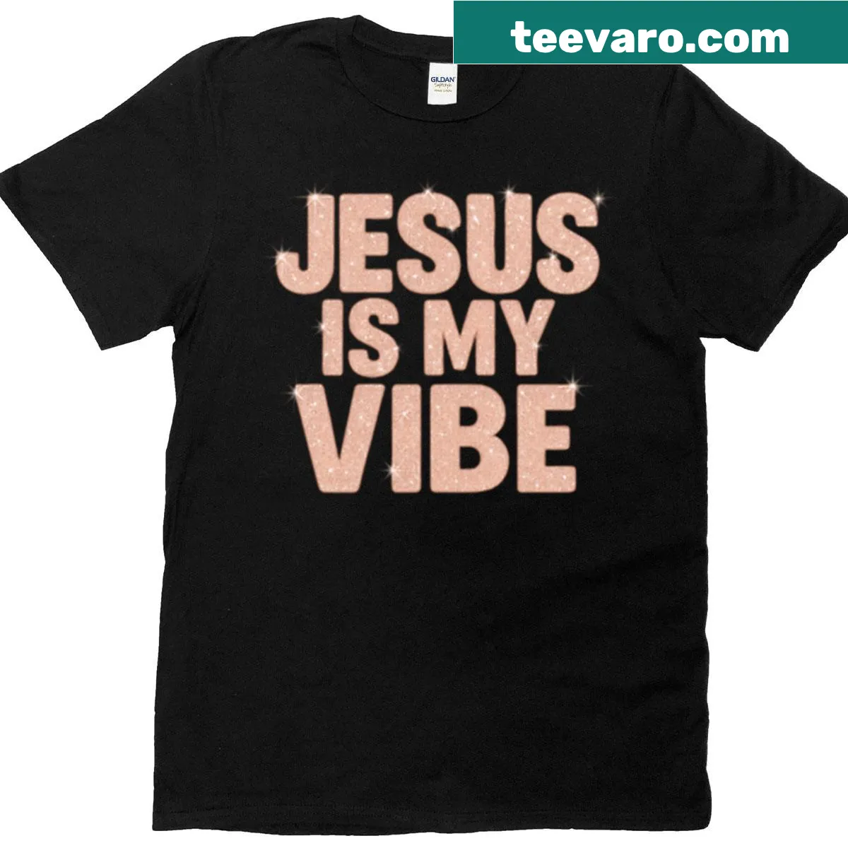 Stylish Jesus-themed T-shirt with modern rosegold typography — on a men's t-shirt