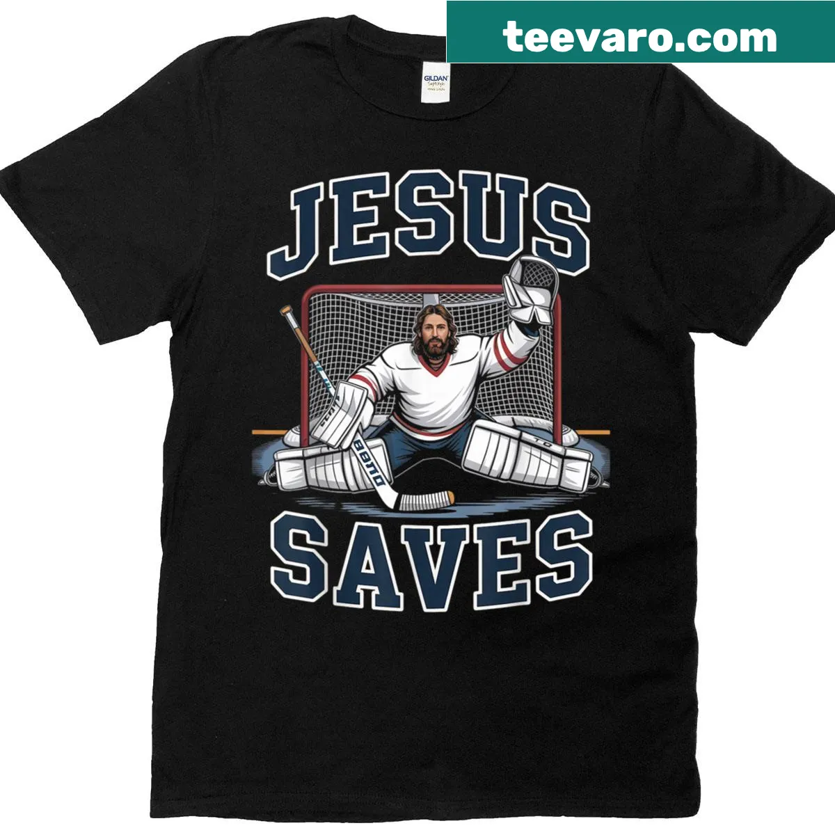 Hockey-themed t-shirt with 'Jesus Saves' text — on a men's t-shirt