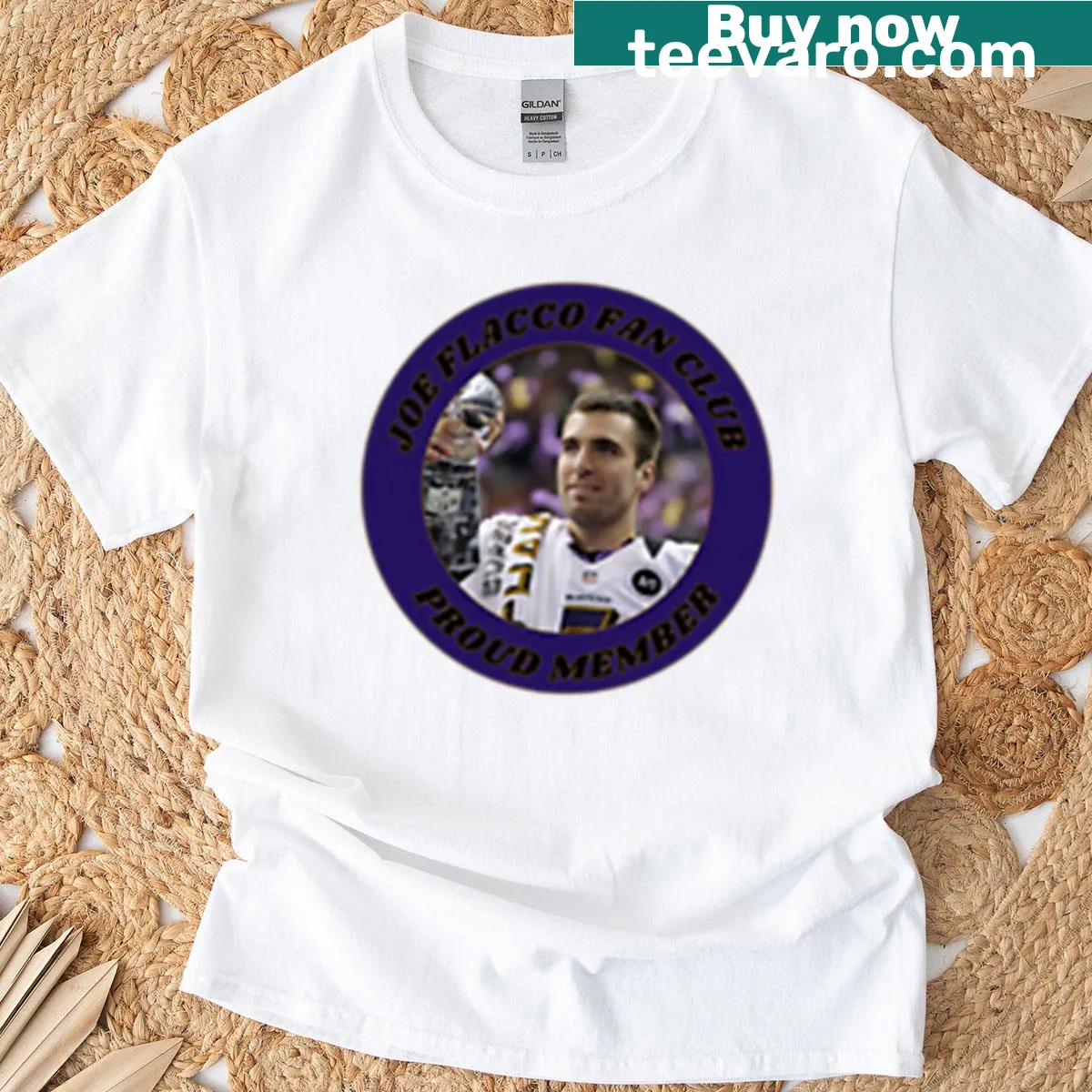 Fan club t-shirt supporting Joe Flacco — on a men's t-shirt