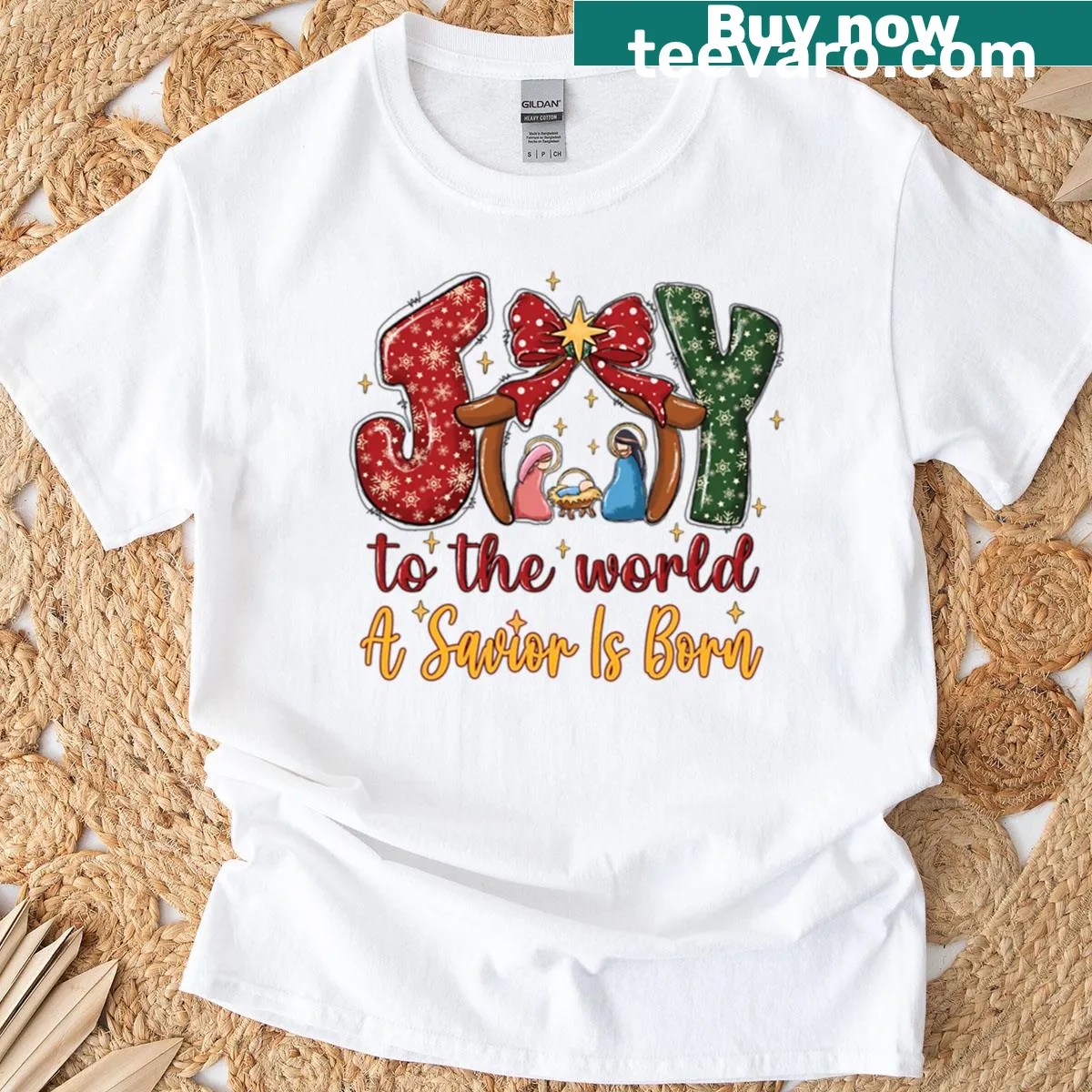 Christmas T-shirt featuring the phrase 'Joy to the World' — on a men's t-shirt