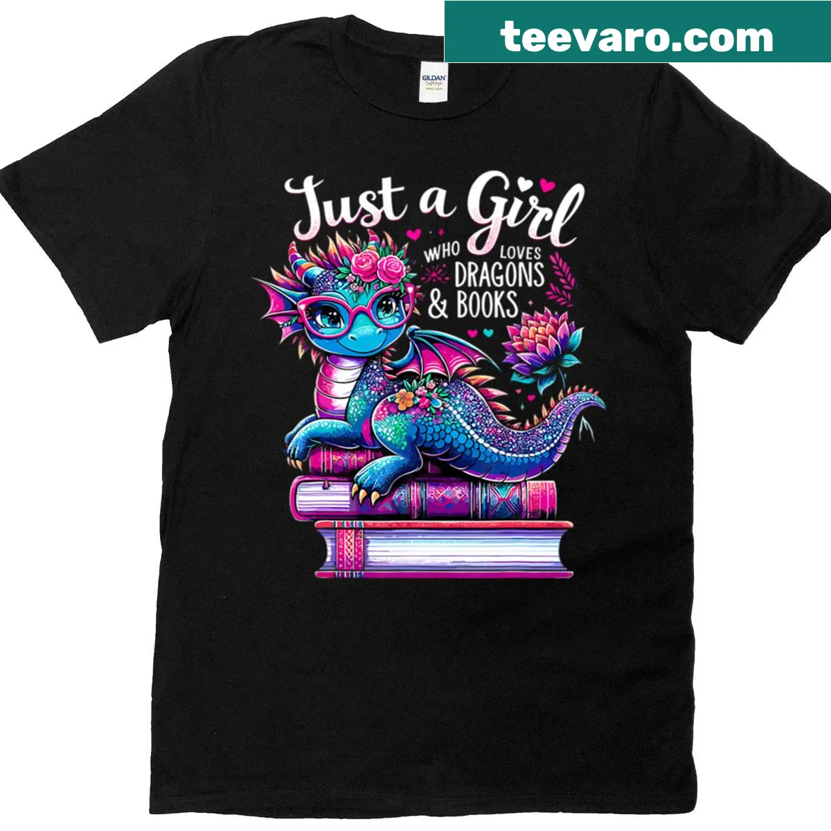 Illustrated t-shirt with dragon design and reading theme — on a men's t-shirt