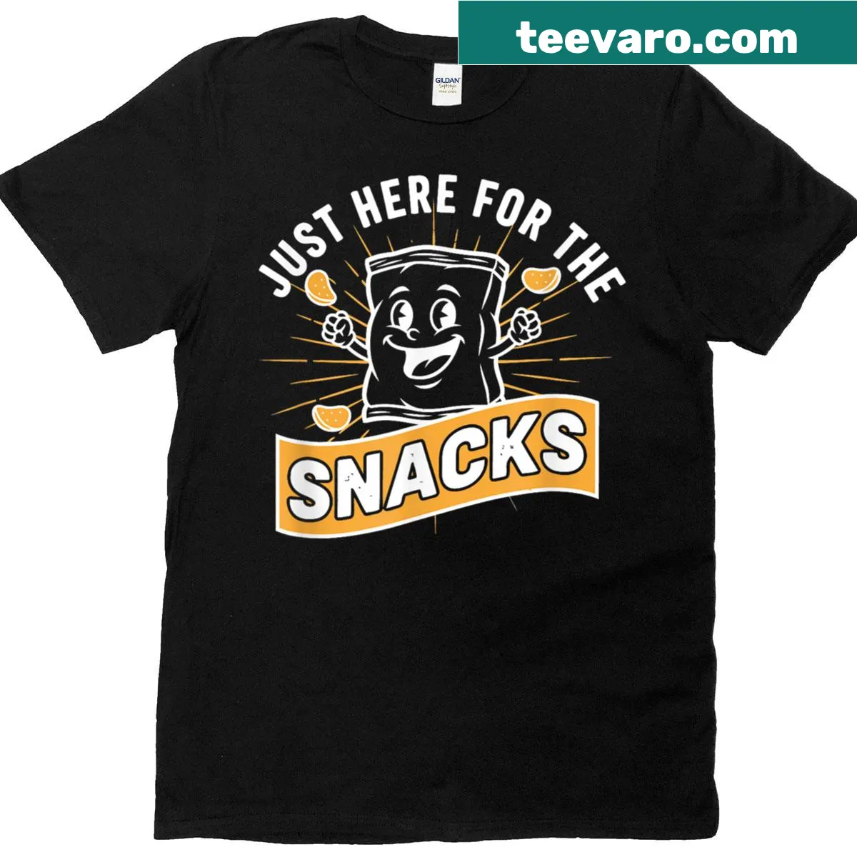 Funny t-shirt with 'Just Here For The Snacks' — on a men's t-shirt