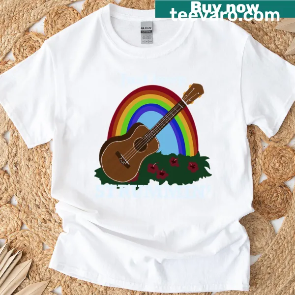 Hawaiian T-shirt with a ukulele and rainbow design