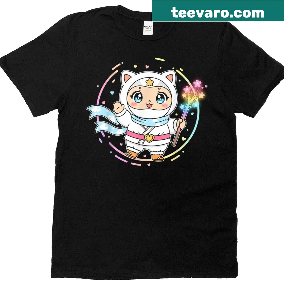Minimal kawaii design T-shirt featuring a kindness ninja — on a men's t-shirt