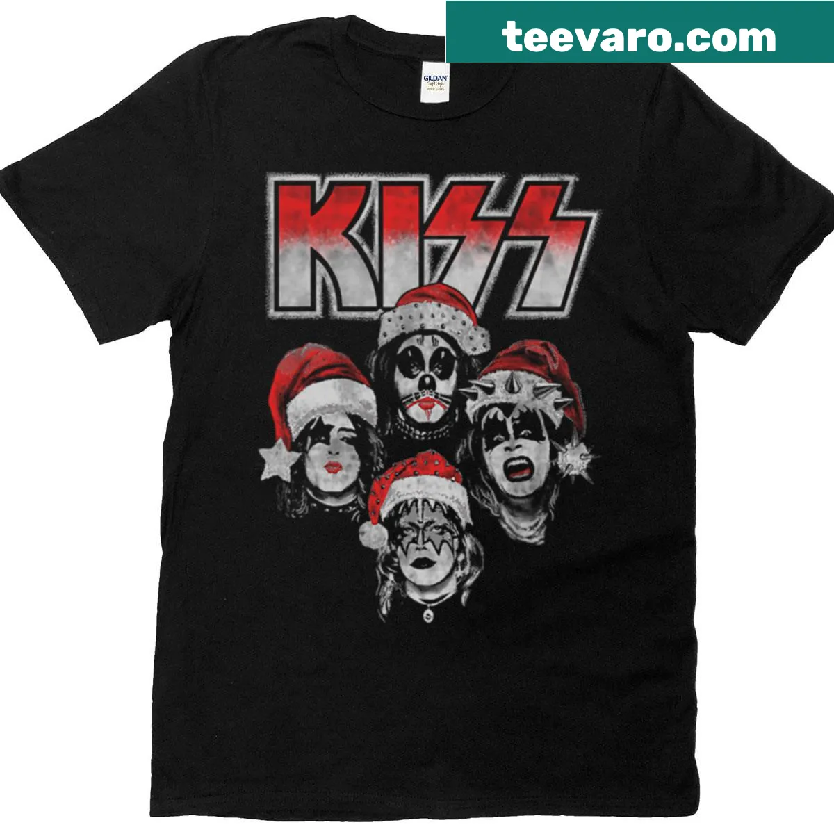 Festive T-shirt featuring Santa Claus in a rock-themed design — on a men's t-shirt
