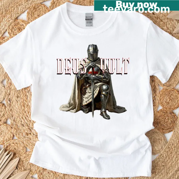 Graphic of a kneeling knight with Deus Vult text on T-shirt
