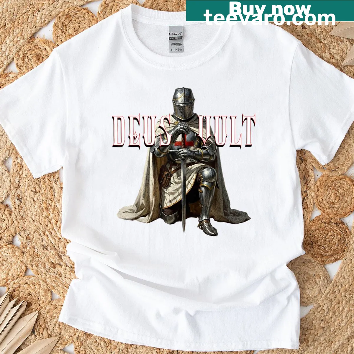 Graphic of a kneeling knight with Deus Vult text on T-shirt — on a men's t-shirt