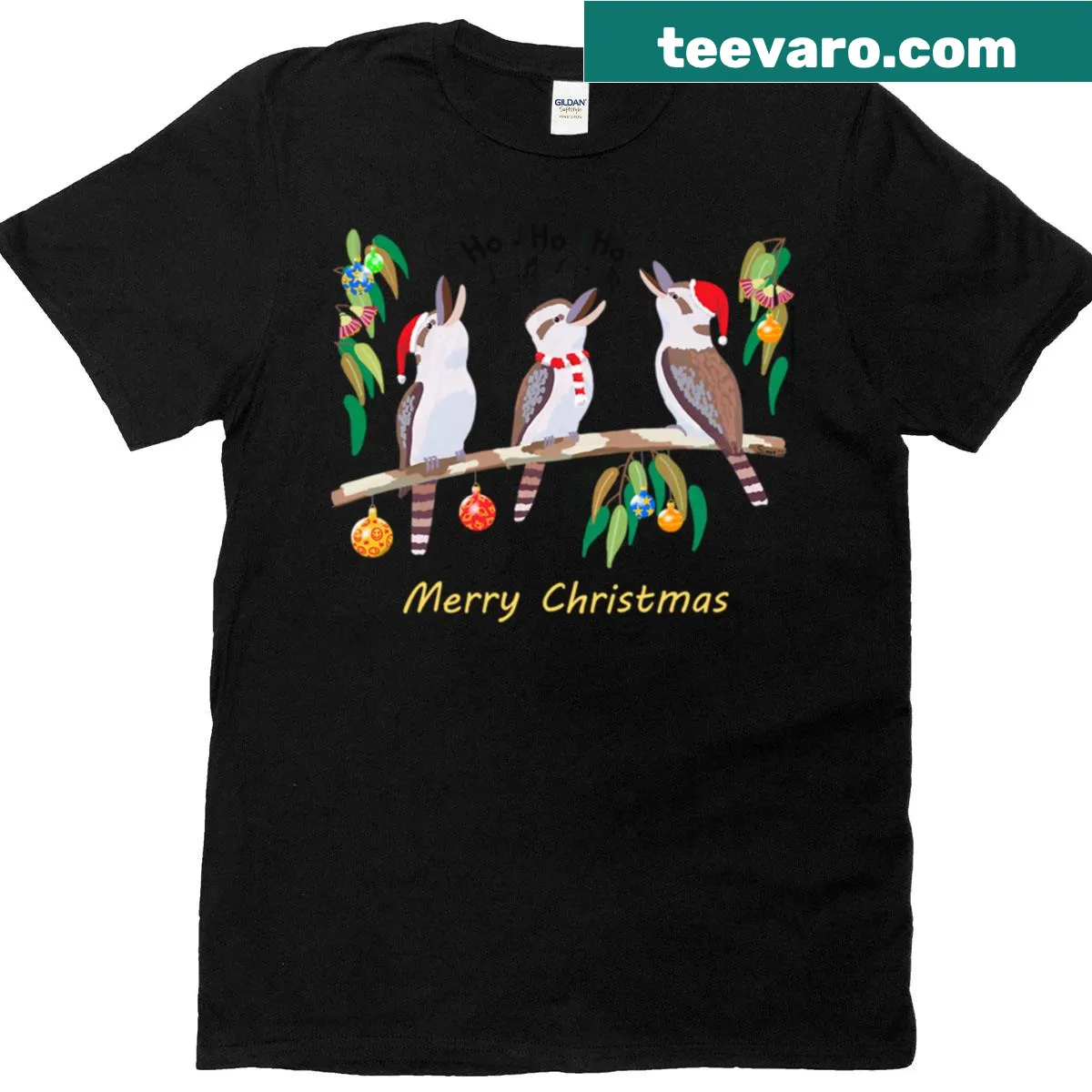 Illustration of kookaburras with Christmas carols for an oversized Australian tee — on a men's t-shirt