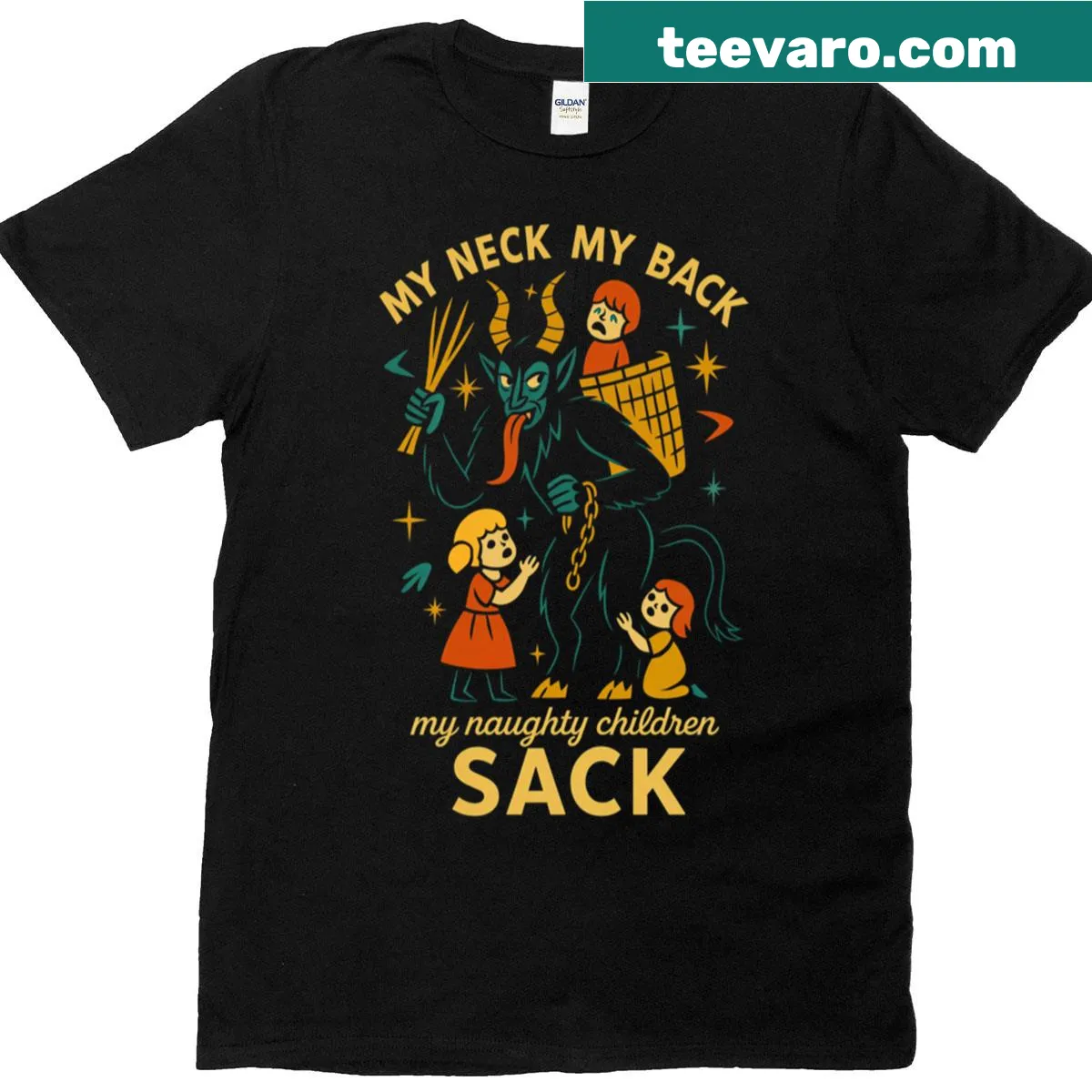 Edgy parody t-shirt featuring 'Krampus My Neck My Back' — on a men's t-shirt