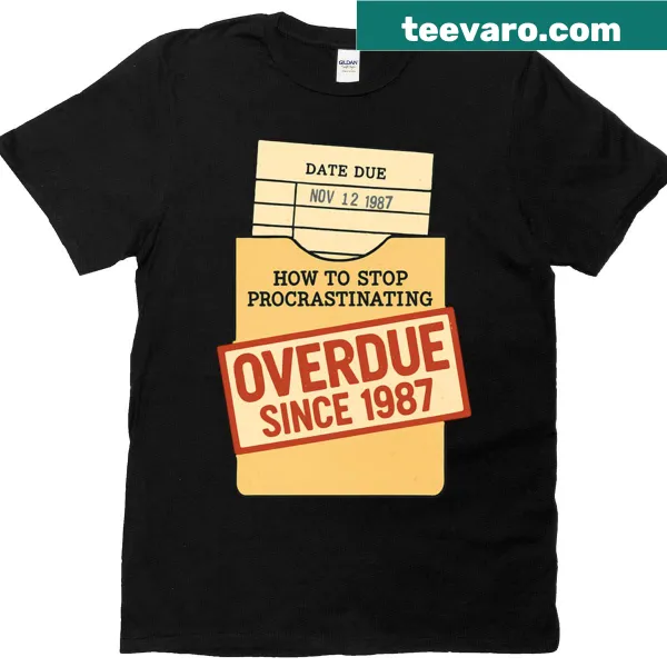 Nostalgic T-shirt with library card pocket and overdue book theme
