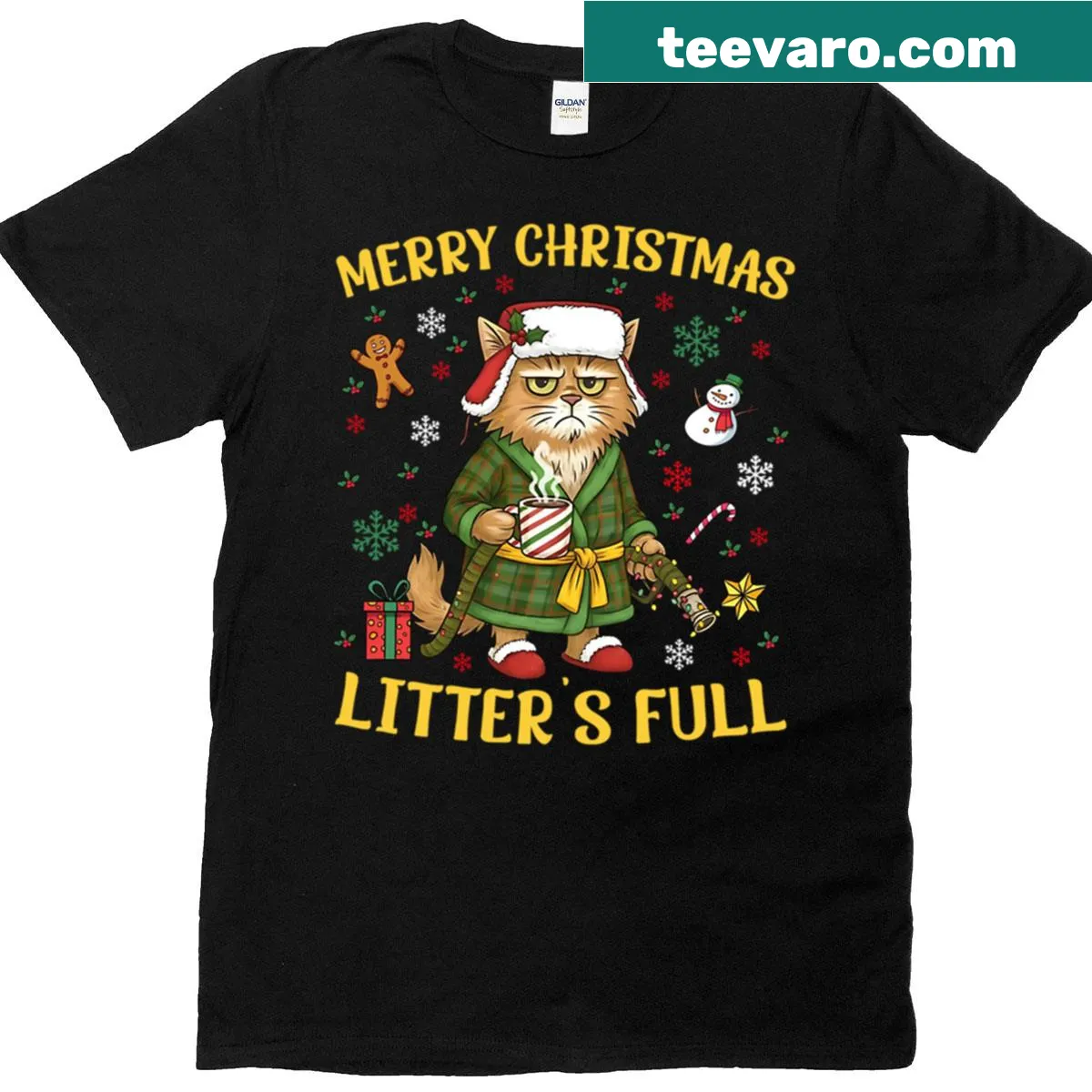 Funny Christmas cat design featuring a whimsical litter box illustration — on a men's t-shirt