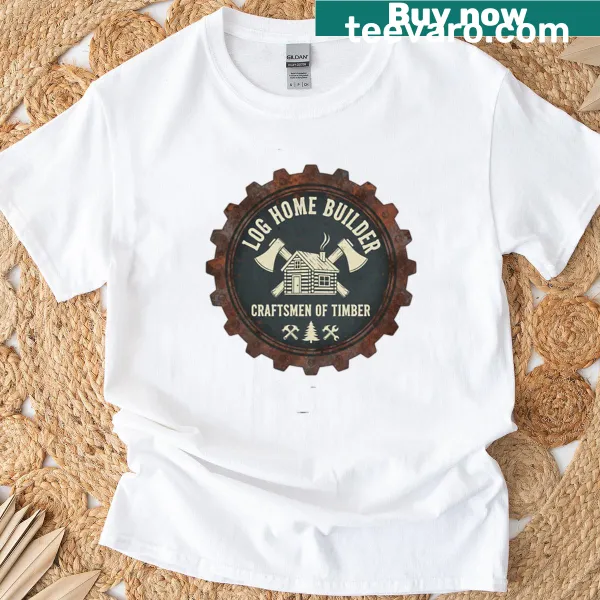 Badge-style graphic representing log home builders on a T-shirt