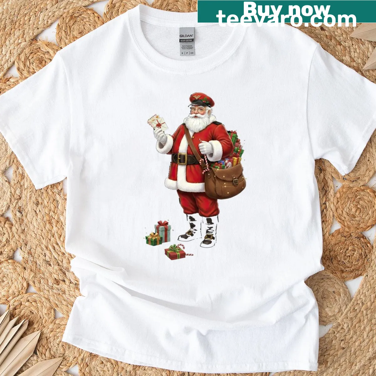Santa as a mail carrier graphic t-shirt for the holiday season. — on a men's t-shirt