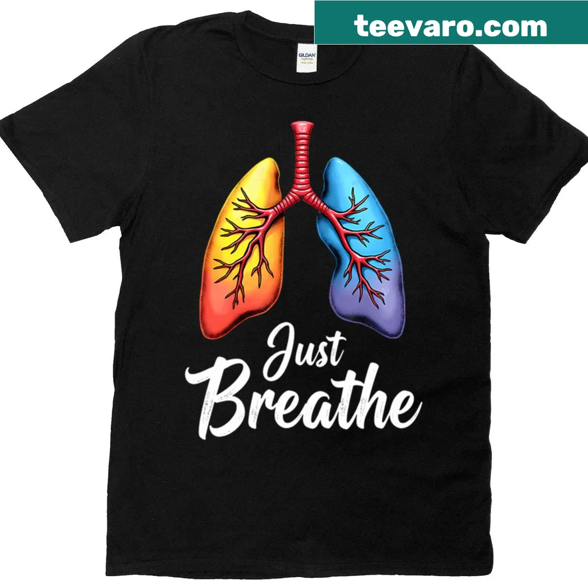 Graphic of lungs with 'Just Breathe' text on T-shirt — on a men's t-shirt