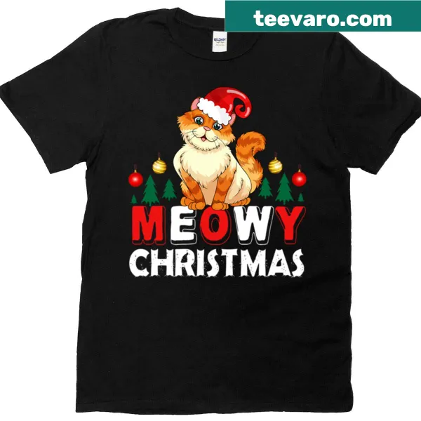 Funny Meowy Christmas T-shirt featuring a festive cat graphic