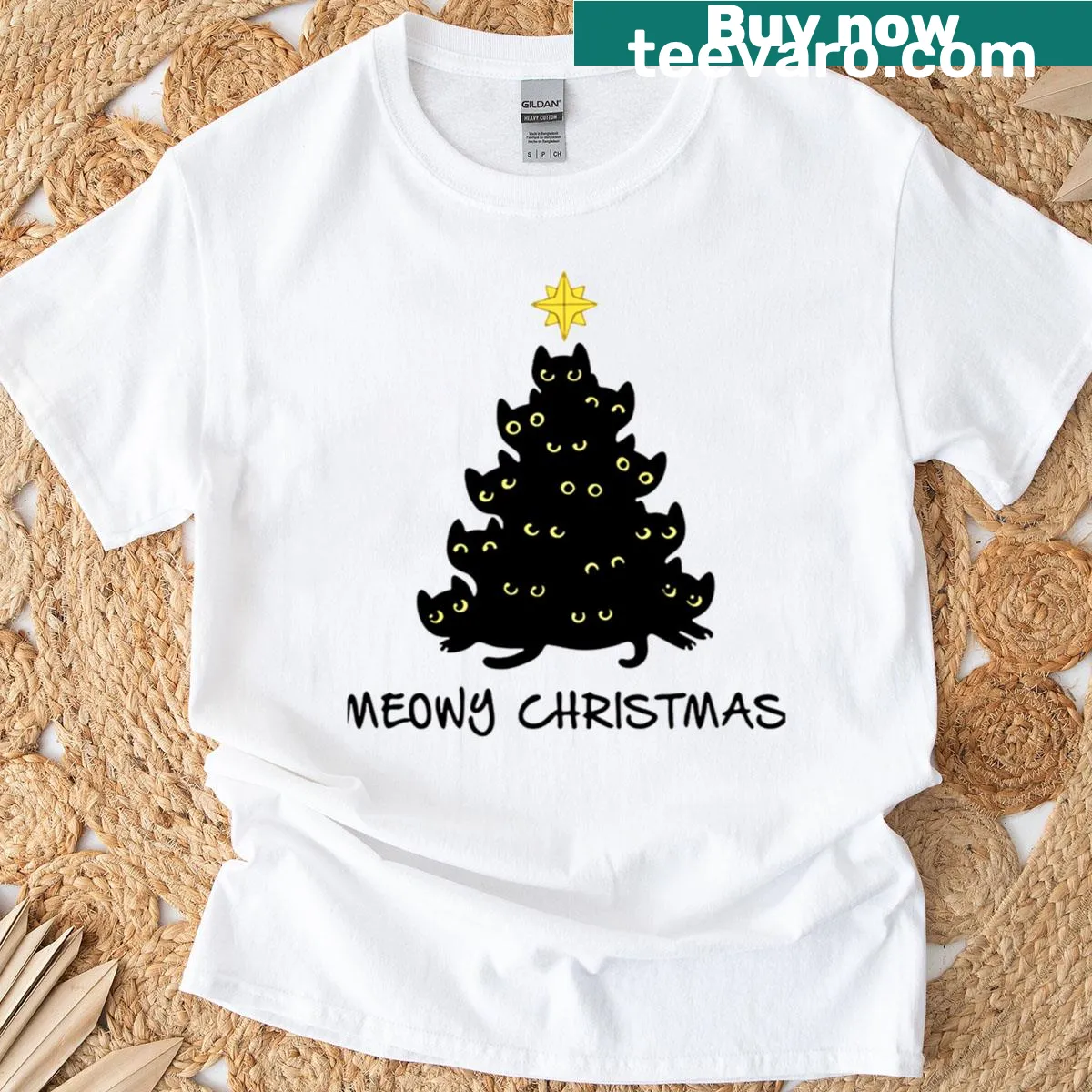 Whimsical Meowy Christmas cat-themed T-shirt — on a men's t-shirt
