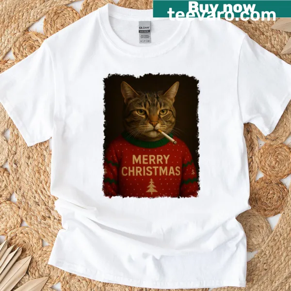 Funny Christmas cat graphic t-shirt with a smoking cat design.