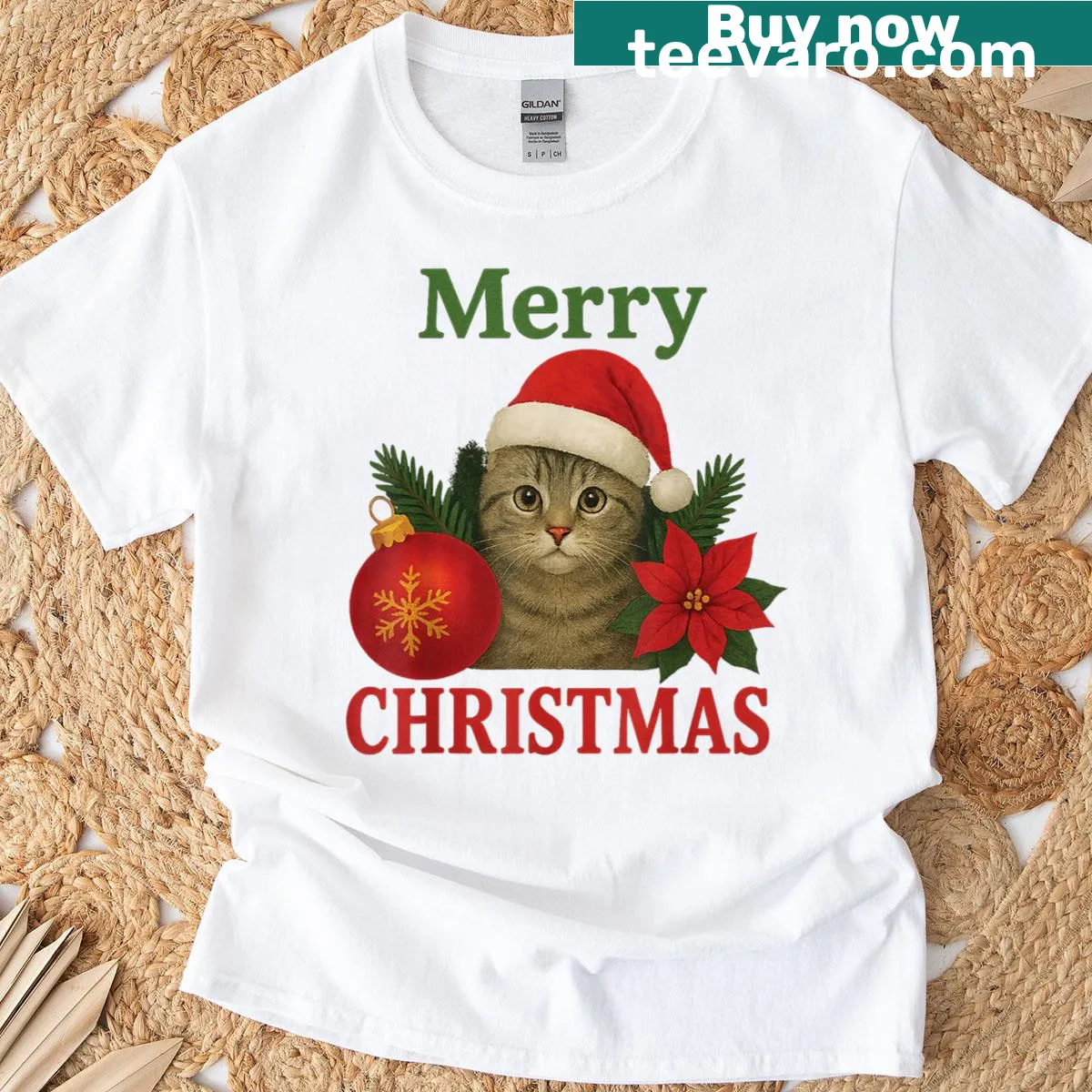Cute tabby cat with Santa hat graphic on a Christmas t-shirt — on a men's t-shirt