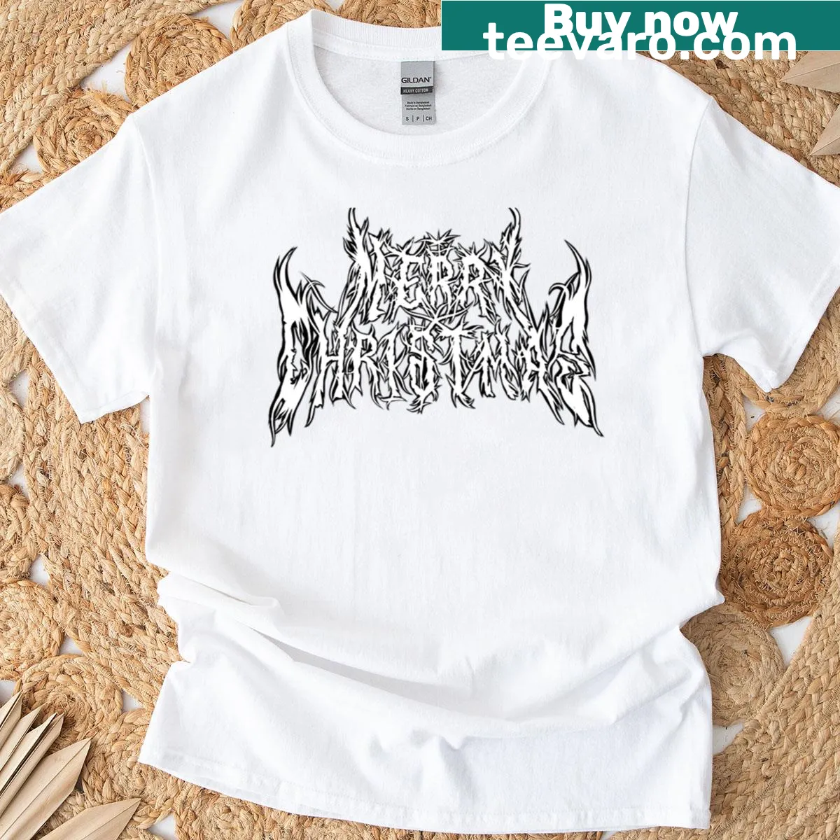 Death metal themed Christmas t-shirt with Merry Christmas graphic — on a men's t-shirt